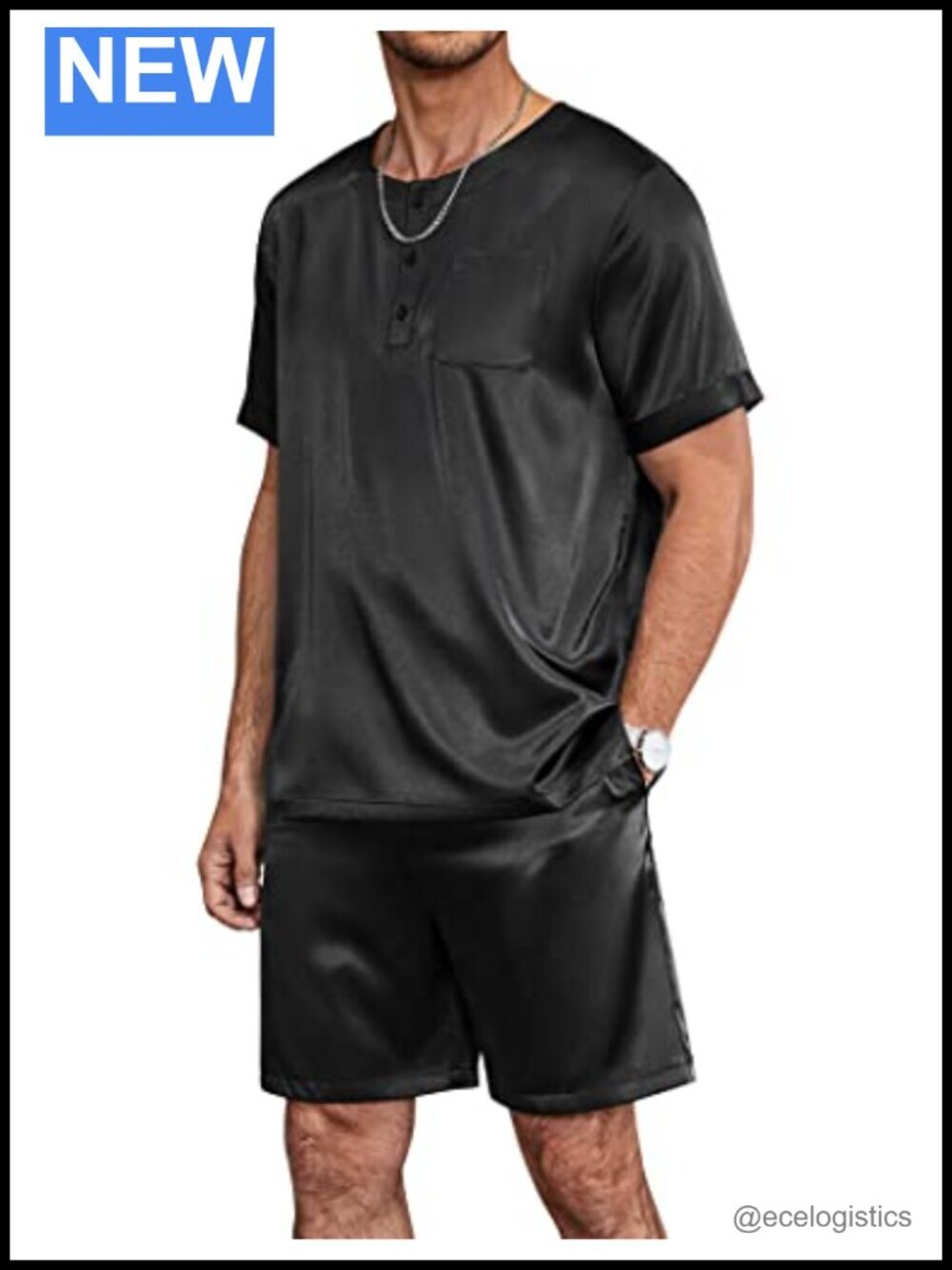 Mens Satin Pajama Set 2 Piece Short Sleeve Button Down Loungewear with Pockets